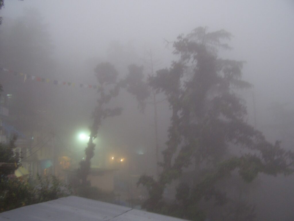 Fog swallows Mcleod Ganj whole. Fog cover all city.