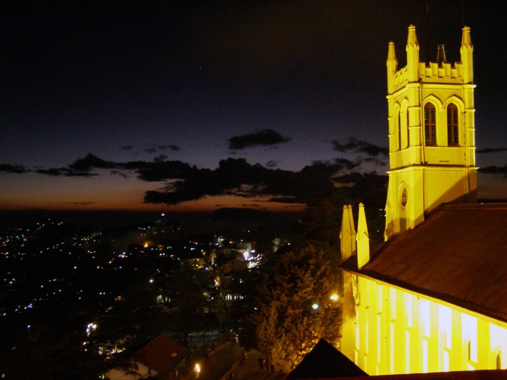 Night view of Shimla. In the foreground - Christ Church