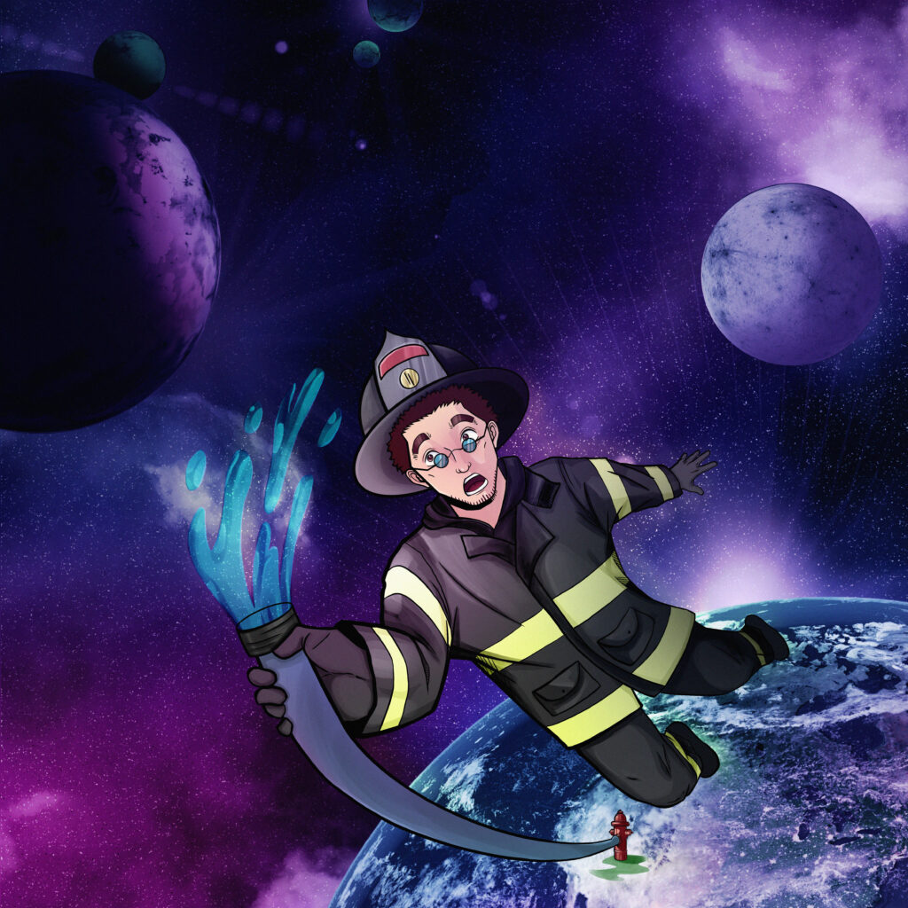 A comic-style illustration of a surprised firefighter floating in outer space above Earth. He is wearing a black and yellow fire suit and holding a water hose spraying blue liquid. The hose is connected to a red fire hydrant standing on Earth. Colorful planets and stars fill the cosmic background.